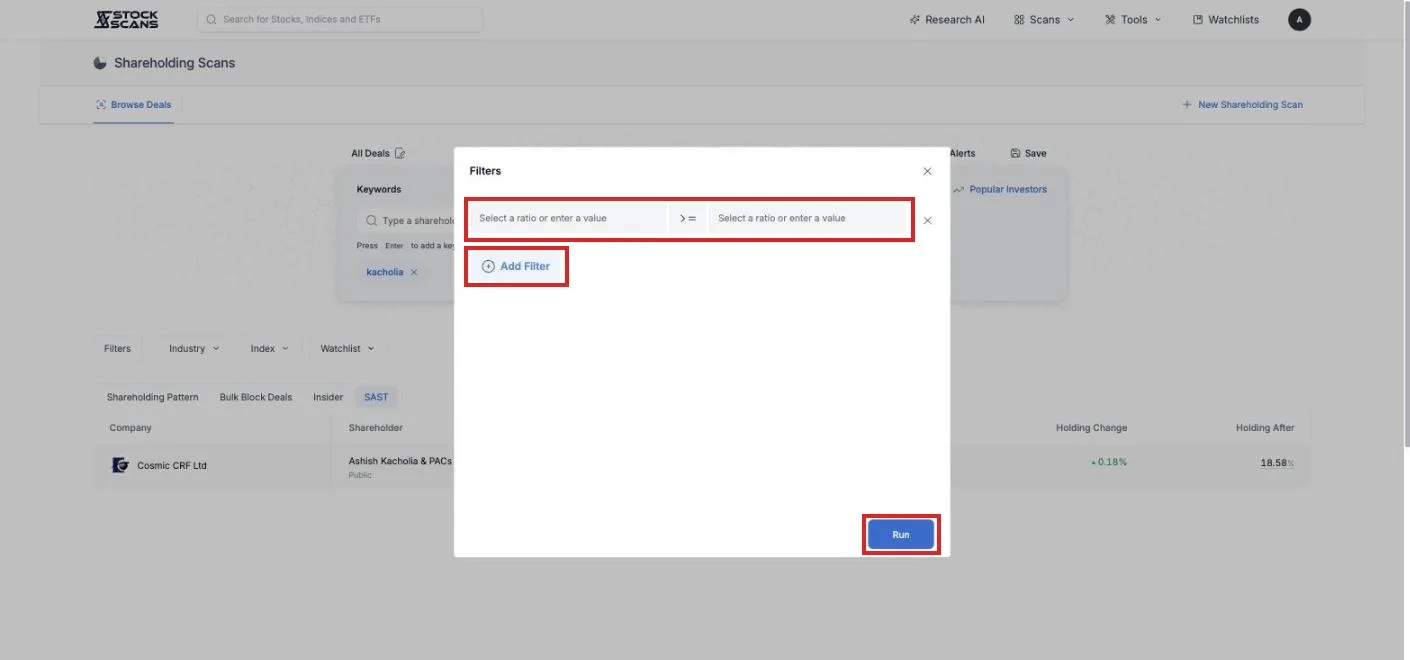 The Filters popup: a condition builder over ratios, including promoter, FII, DII and pledge figures