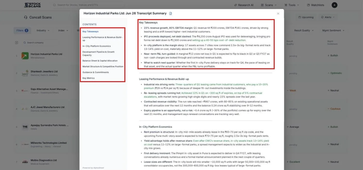The transcript summary: a contents rail, key takeaways, thematic sections, guidance and key metrics, with positives and negatives coloured