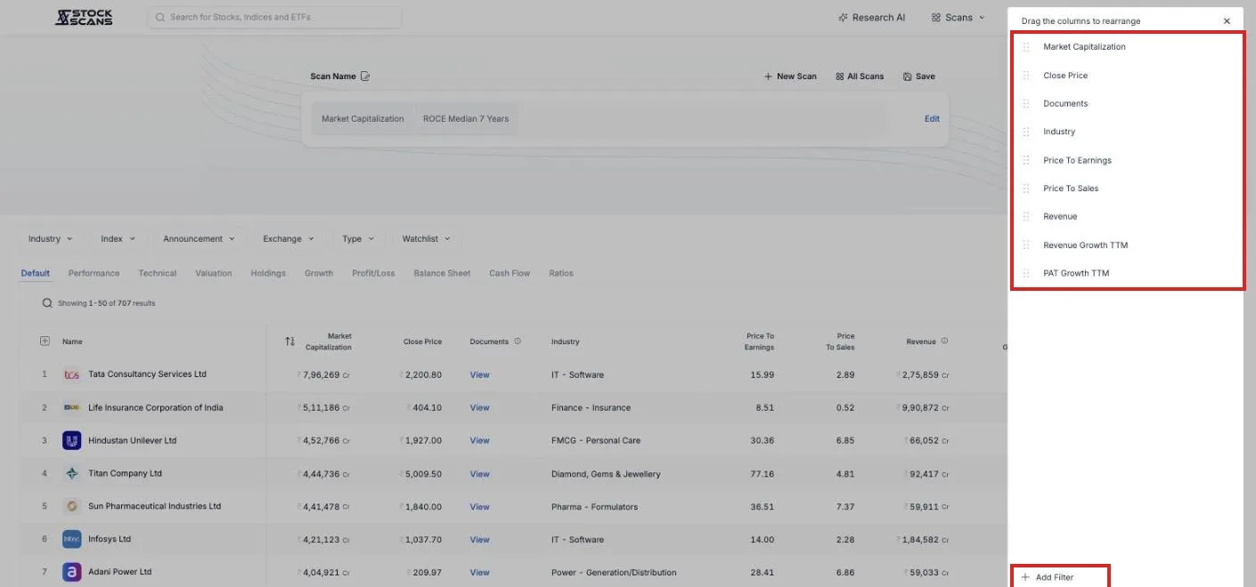 The Edit Columns panel: drag to rearrange, add any ratio as a column, reset to default