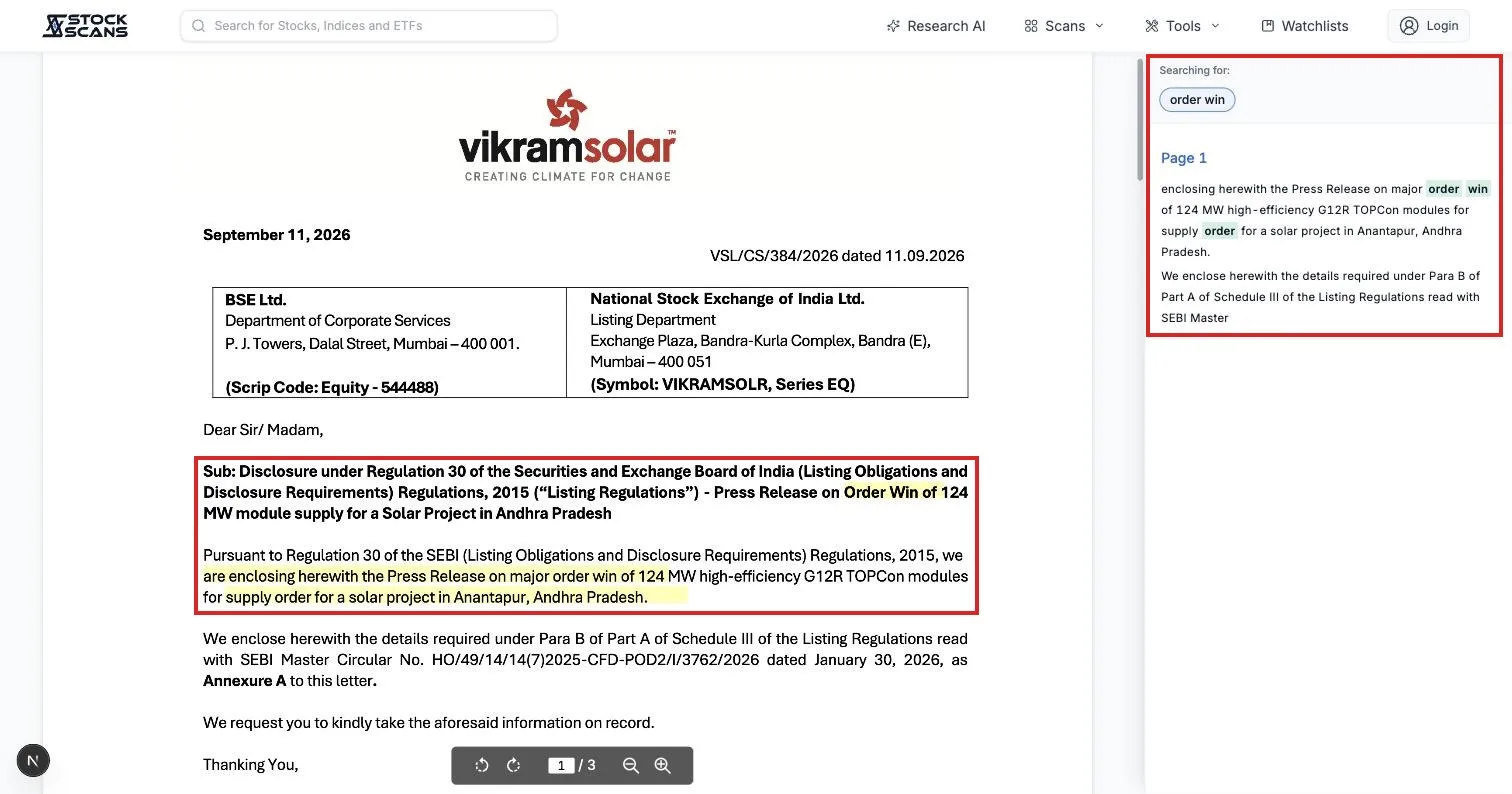 The announcement PDF opened at the matching page with order win highlighted in the document and in the side panel