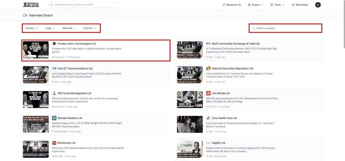 The Interview Scans feed: one row per interview, with the company, the video title, the channel and how long ago it aired