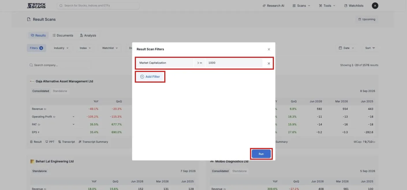 The Result Scan Filters popup, with the default market capitalisation condition