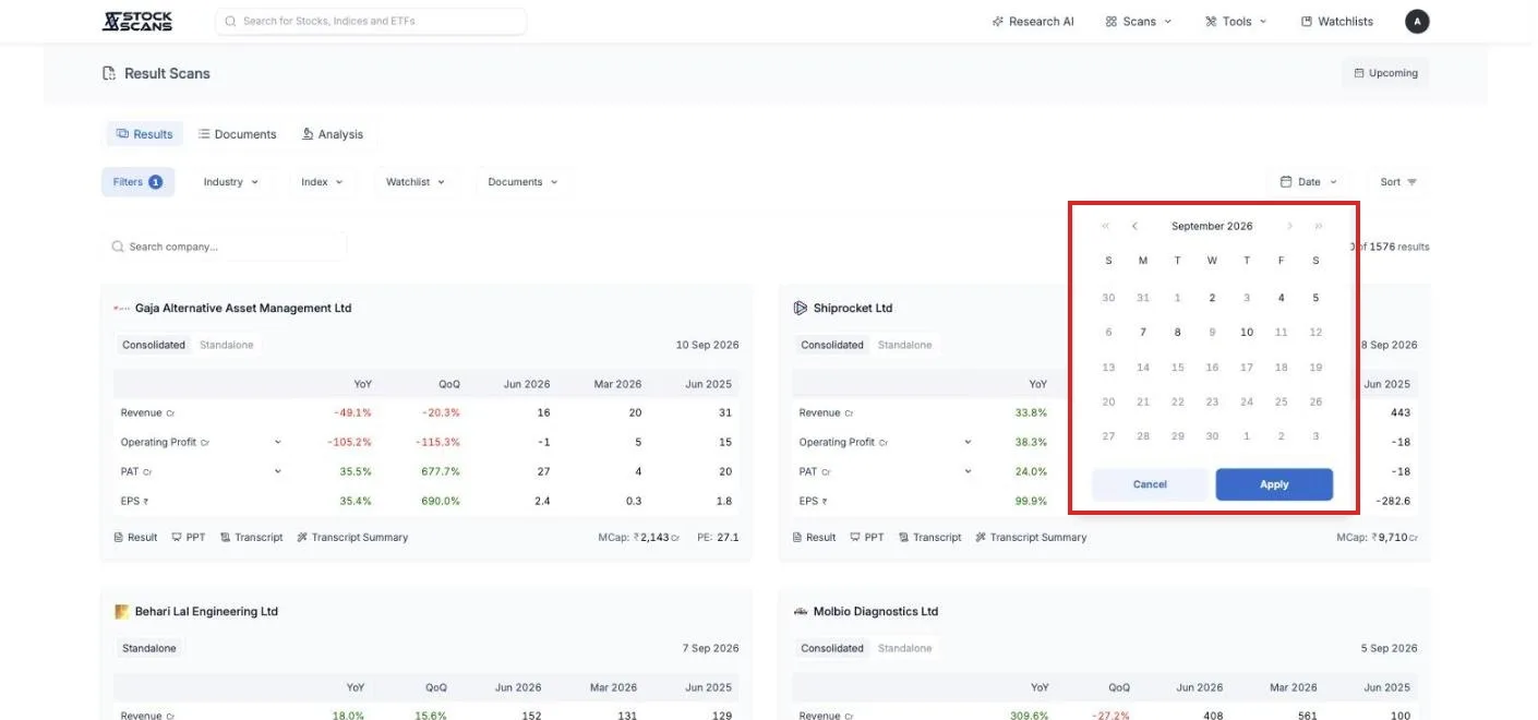 The Date picker: only days with declared results can be chosen