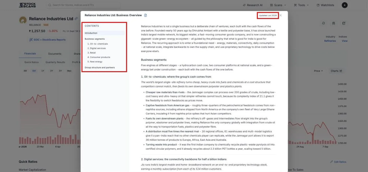 The Business Overview: a contents rail on the left, the introduction and business segments on the right