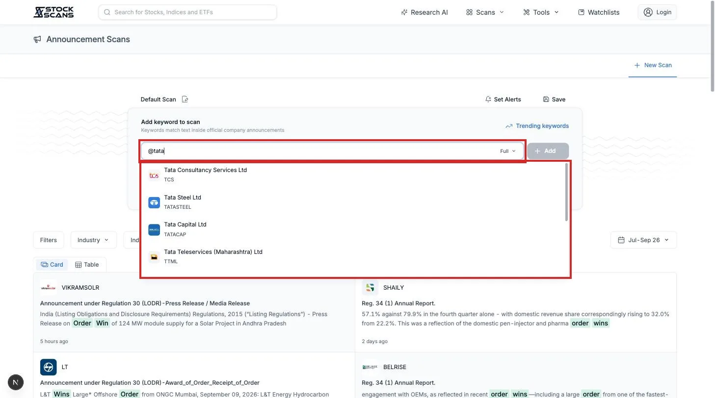 Typing @tata in the keyword box shows company suggestions