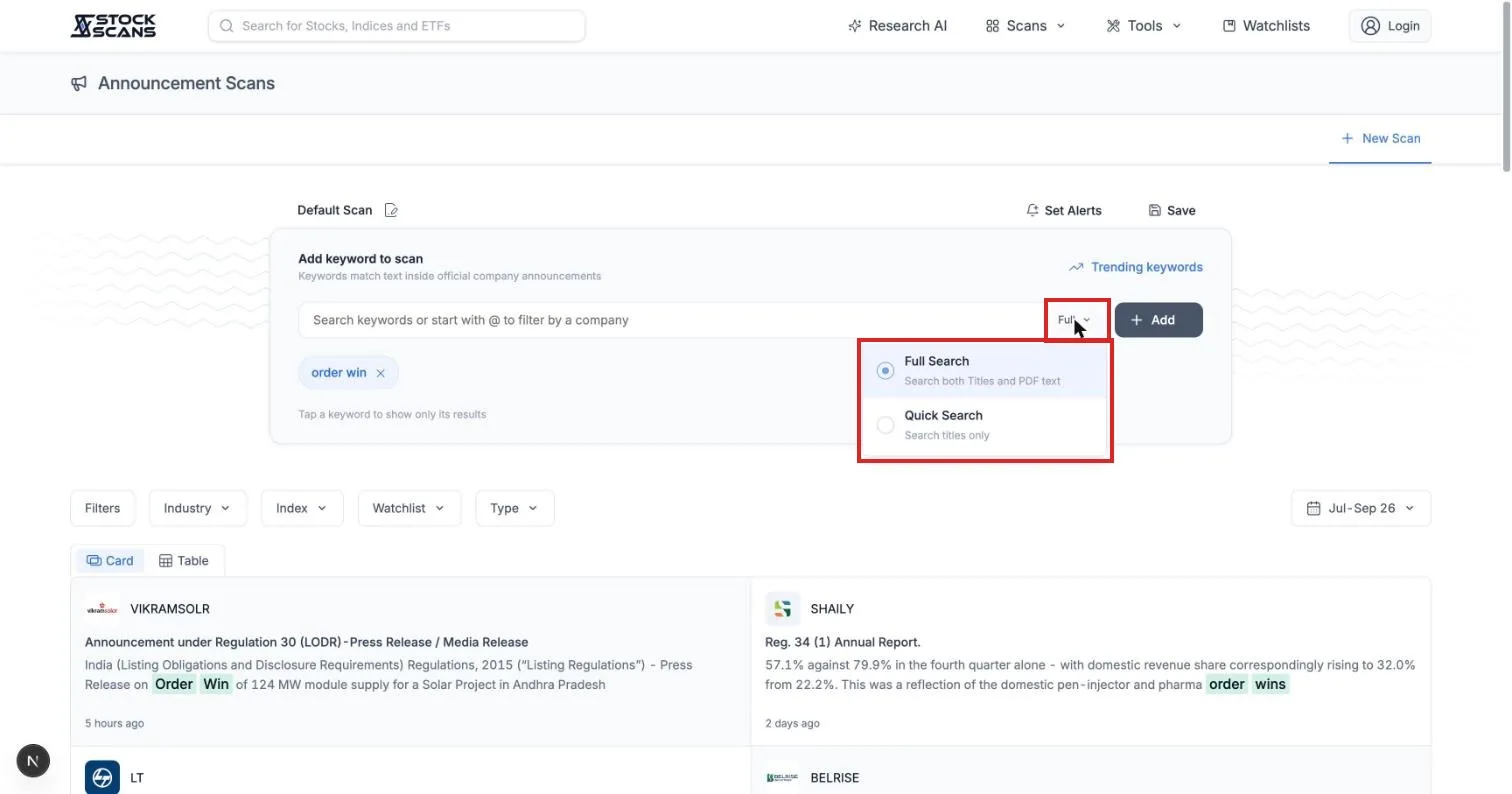 The Full Search and Quick Search dropdown next to the Add button