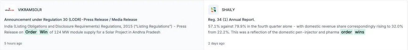 Two result cards: the company, the filing title, the matching sentence with the keyword highlighted, and how long ago it was filed