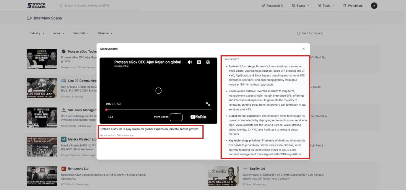 The interview modal: the video on the left, the Takeaways panel on the right, one bold-led bullet per point