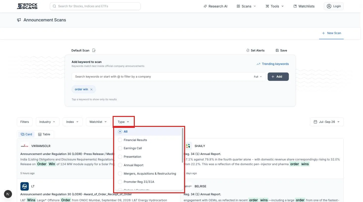 The Type filter listing announcement types such as Financial Results, Earnings Call and Orders / Contracts