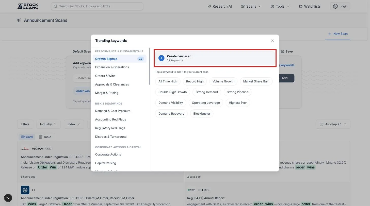 The Trending keywords library open on Growth Signals with a Create new scan button