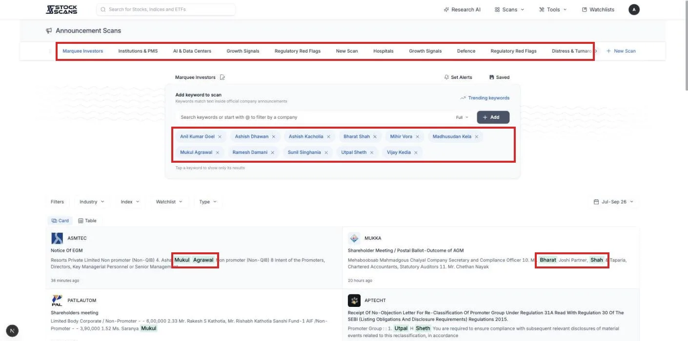 Announcement Scans with several saved scans across the top, a Marquee Investors scan with twelve keywords, and matching filings highlighted