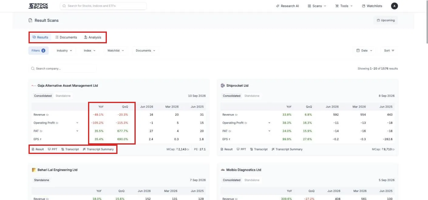 Result Scans: one card per company that has declared results this quarter, newest first