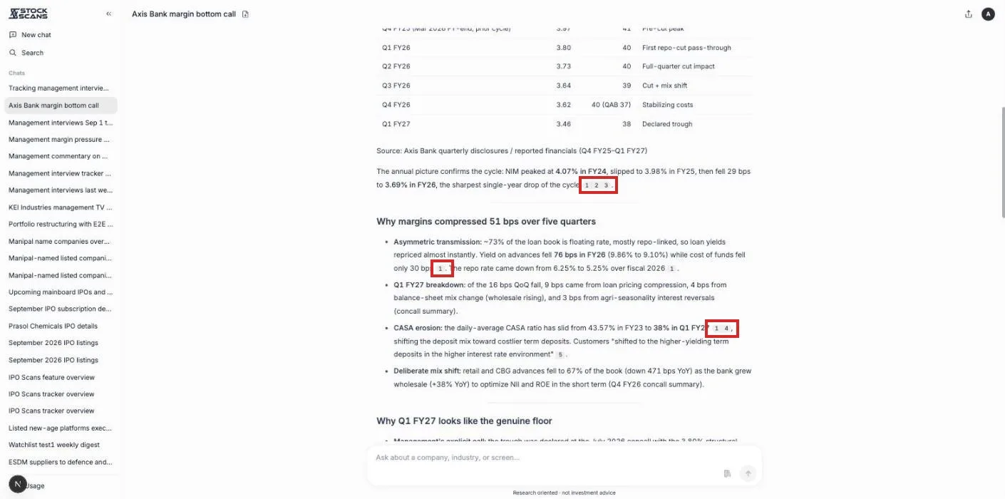 Citations in an answer: each bracketed number opens the filing or transcript at the page it came from