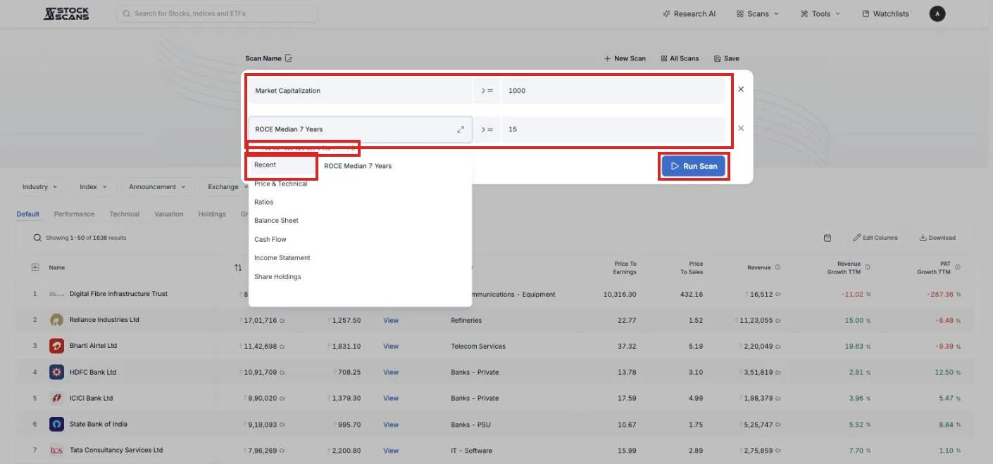 The filter popup: two conditions, each a ratio, an operator and a value, with the ratio picker open showing its groups
