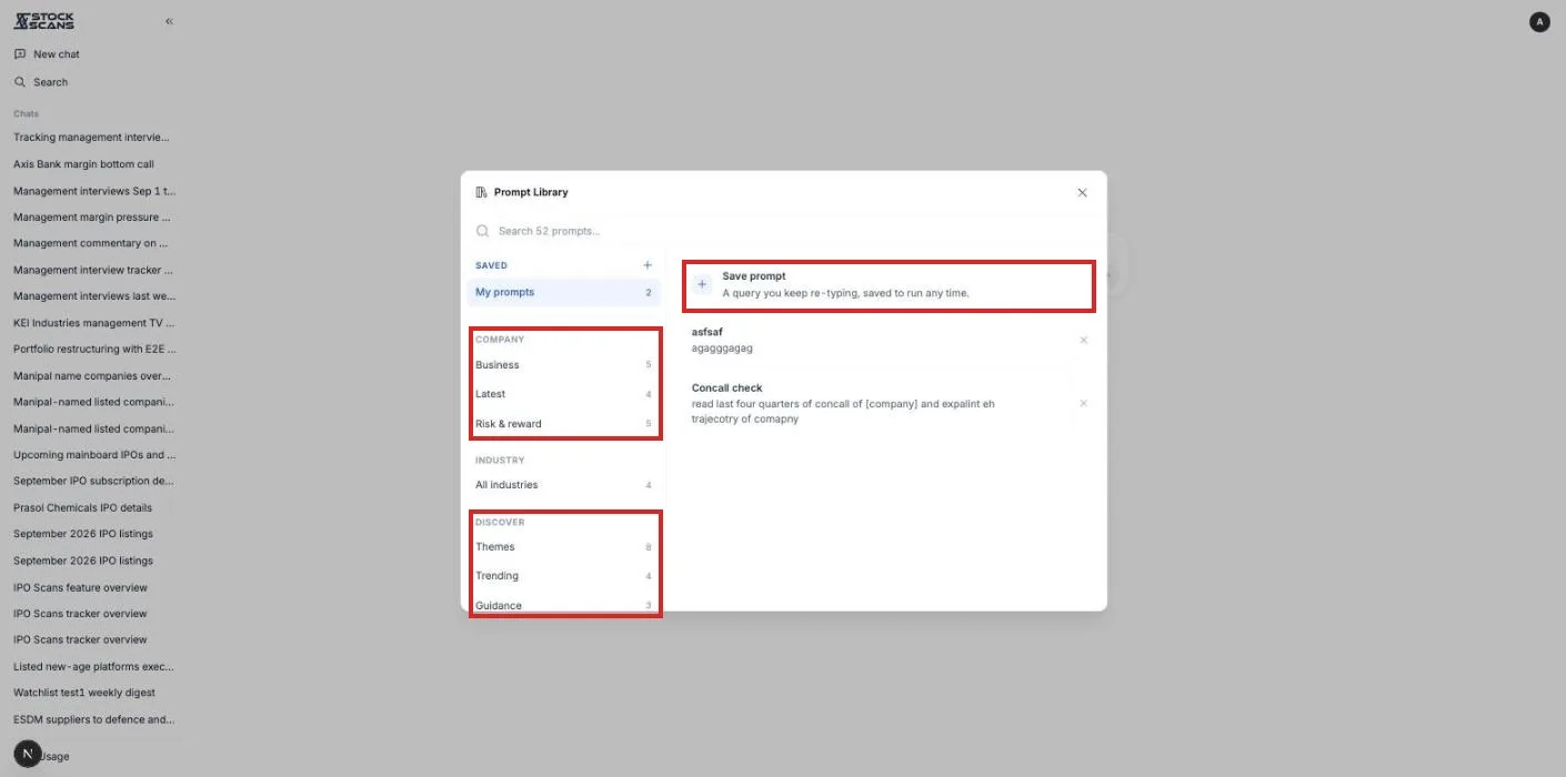 The Prompt Library: saved questions, company questions, industry packs and discovery themes