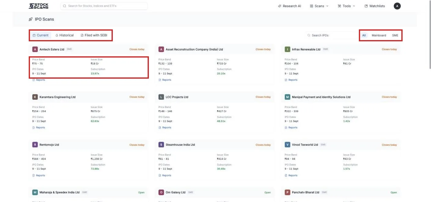 The IPO board: every open, closing and upcoming issue as a card with its price band, issue size, dates and subscription