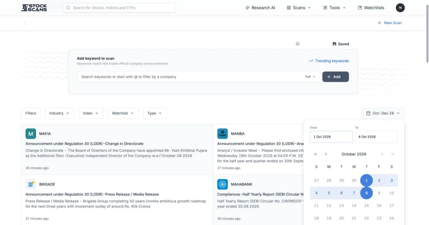 Search announcements over any date range.
