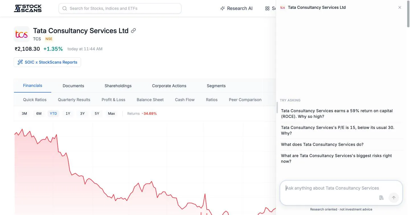 Ask AI opens beside the company page, ready with questions about that stock.