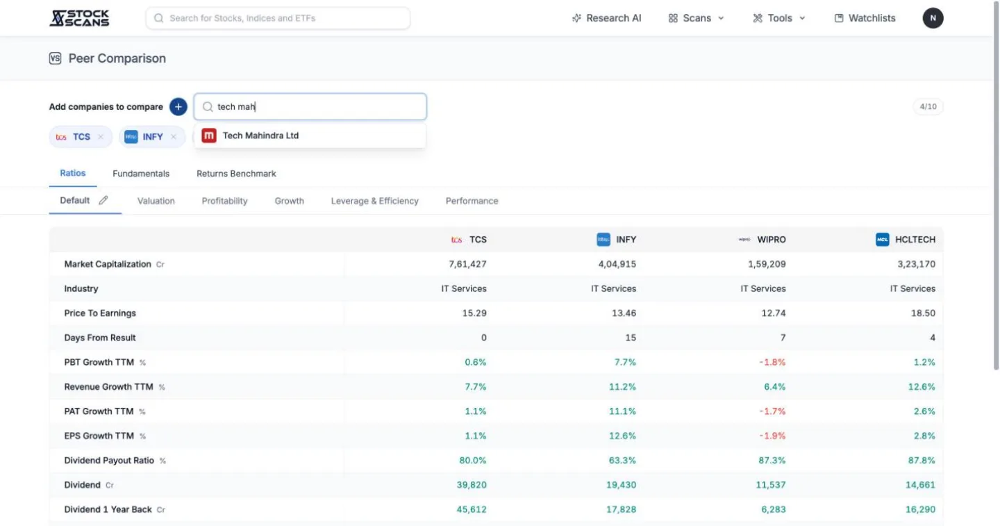 Add a company with +, and compare dividends side by side.