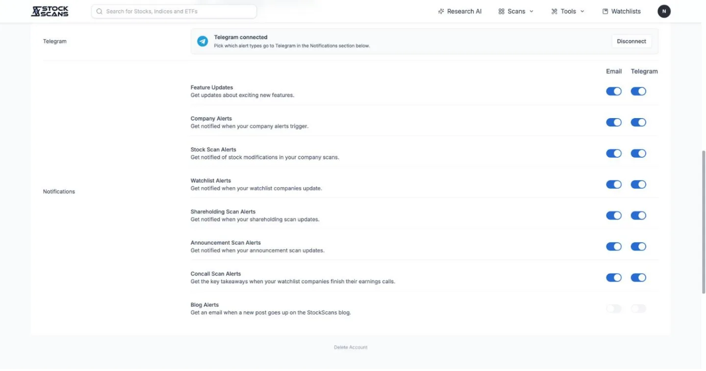Profile: connect Telegram and choose which alerts go to Email and Telegram.