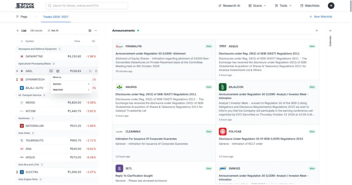 On the Watchlists page: the same Move menu, with Section or Watchlist.
